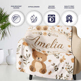 Cute Teddy Bear Floral Leaves Seamless Pattern Soft Neutral  Personalised Custom Name Super Soft Fleece Blanket Bed Sofa Throw