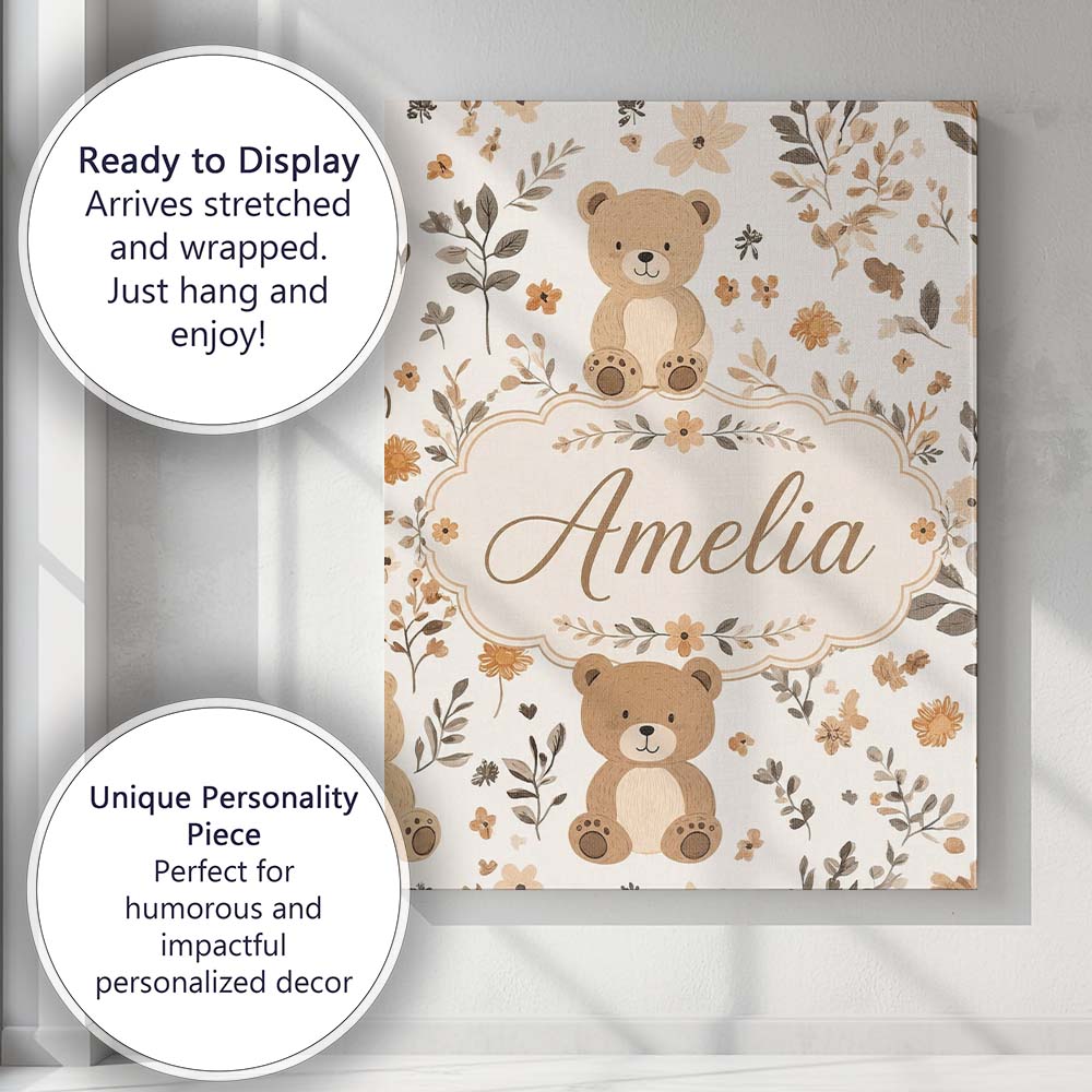Personalised Name Cute Teddy Bear Floral Custom  Unique Gift Idea Elegant Feature Canvas Wall Art Print Decor Picture Ready to Hang