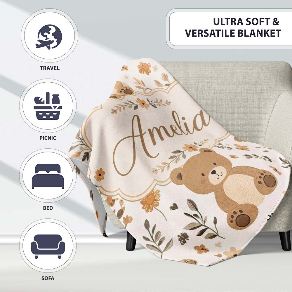 Cute Teddy Bear Floral Leaves Seamless Pattern Soft Neutral  Personalised Custom Name Super Soft Fleece Blanket Bed Sofa Throw