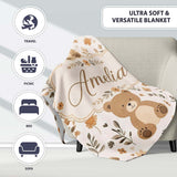 Cute Teddy Bear Floral Leaves Seamless Pattern Soft Neutral  Personalised Custom Name Super Soft Fleece Blanket Bed Sofa Throw