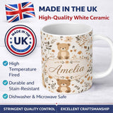 Personalized Custom Name Cute Teddy Bear Floral Leaves Seamless Pattern Soft Neutral 11oz Ceramic Coffee Tea Mug White Large Handle