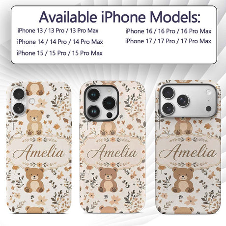 Cute Teddy Bear Floral Leaves Seamless Pattern Custom Name Protective Phone Case Mobile Cover Durable Everyday Smartphone Shock Resistant