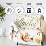Cute Woodland Forest Animals Bear Bunny Deer Seamless on Blue Lovely  Personalised Custom Name Super Soft Fleece Blanket Bed Sofa Throw