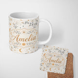 Personalized Custom Name Moon Stars Floral Botanical Seamless Pattern Neutral Background 11oz Ceramic Coffee Tea Mug White Large Handle