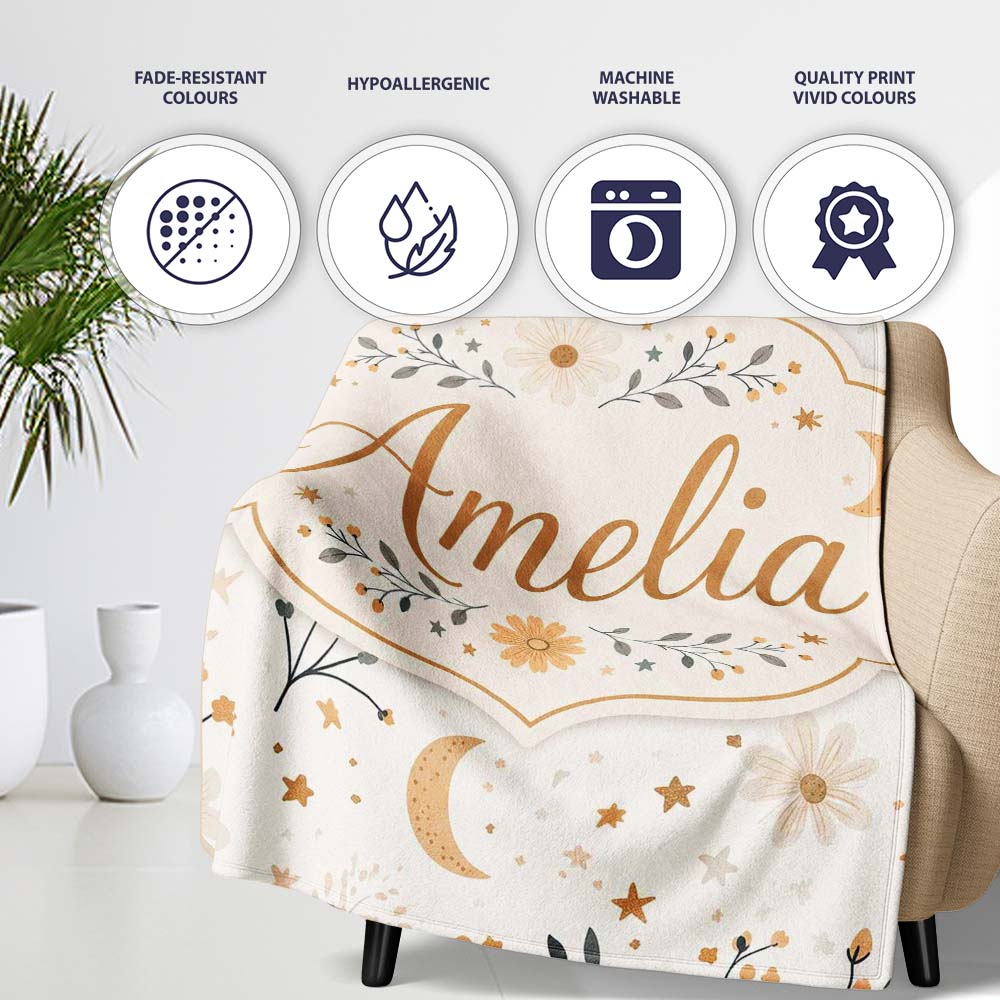 Moon Stars Floral Botanical Seamless Pattern Neutral Background  Personalised Custom Name Super Soft Fleece Blanket Bed Sofa Throw