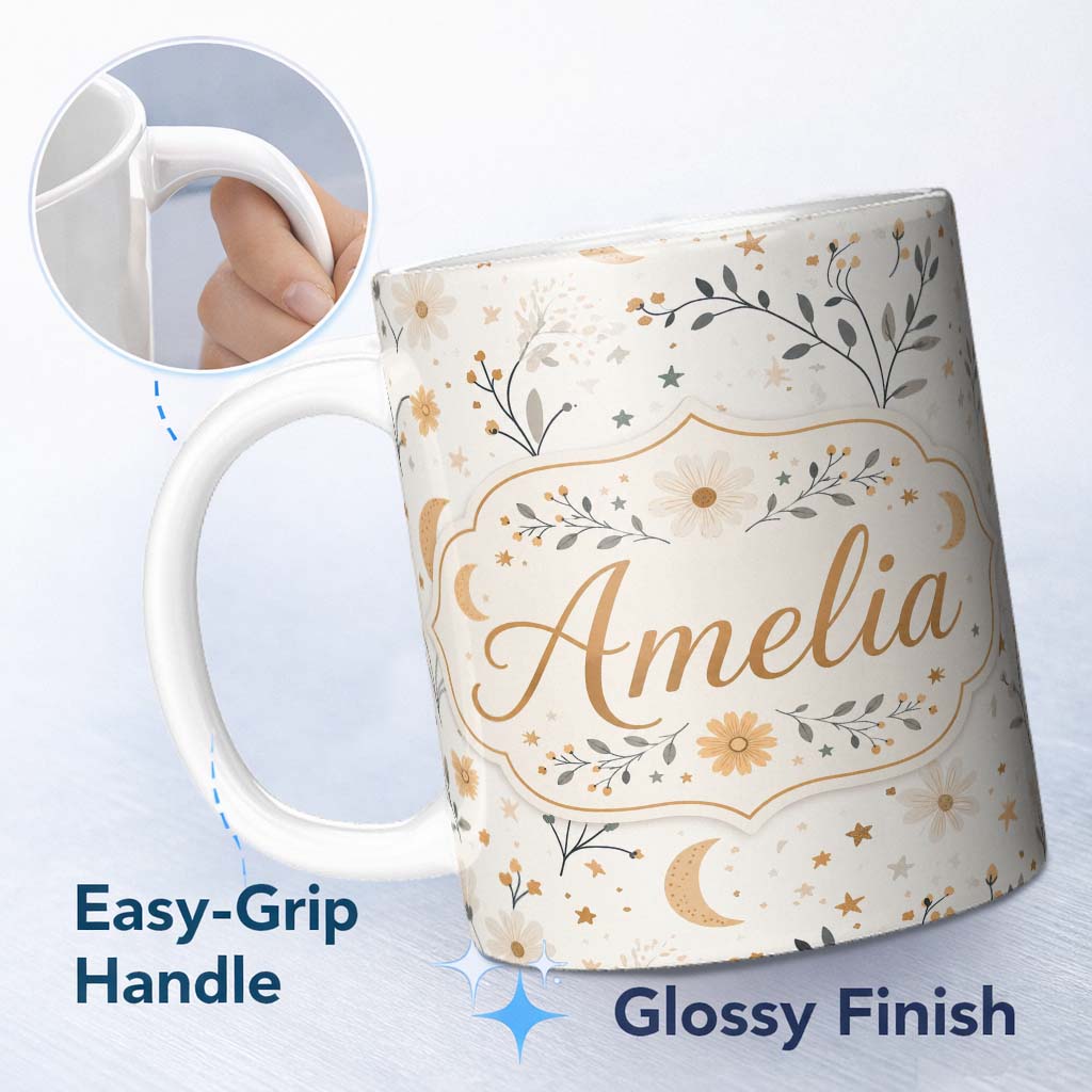Personalized Custom Name Moon Stars Floral Botanical Seamless Pattern Neutral Background 11oz Ceramic Coffee Tea Mug White Large Handle