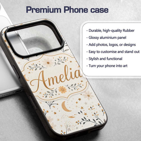 Moon Stars Floral Botanical Seamless Pattern Custom Name Protective Phone Case Mobile Cover Durable Everyday Smartphone Shock Resistant
