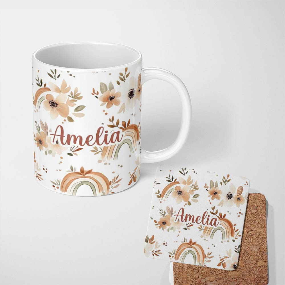 Personalized Custom Name Boho Rainbow Floral Leaves Seamless Pattern Warm Earth Tone 11oz Ceramic Coffee Tea Mug White Large Handle