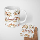 Personalized Custom Name Boho Rainbow Floral Leaves Seamless Pattern Warm Earth Tone 11oz Ceramic Coffee Tea Mug White Large Handle