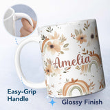 Personalized Custom Name Boho Rainbow Floral Leaves Seamless Pattern Warm Earth Tone 11oz Ceramic Coffee Tea Mug White Large Handle