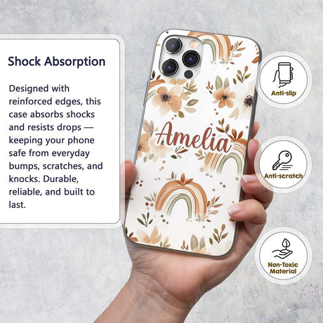 Boho Rainbow Floral Leaves Seamless Pattern Warm Custom Name Protective Phone Case Mobile Cover Durable Everyday Smartphone Shock Resistant