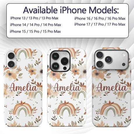 Boho Rainbow Floral Leaves Seamless Pattern Warm Custom Name Protective Phone Case Mobile Cover Durable Everyday Smartphone Shock Resistant