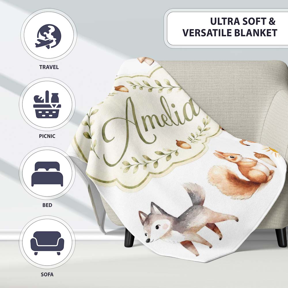 Cute Woodland Forest Animals Bear Bunny Deer Seamless on Blue Lovely  Personalised Custom Name Super Soft Fleece Blanket Bed Sofa Throw