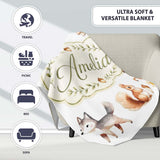 Cute Woodland Forest Animals Bear Bunny Deer Seamless on Blue Lovely  Personalised Custom Name Super Soft Fleece Blanket Bed Sofa Throw