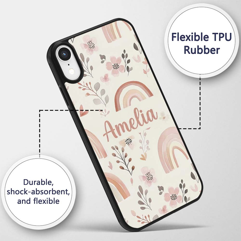 Pastel Rainbow Floral Seamless Pattern Soft Pink Custom Name Protective Phone Case Mobile Cover Durable Everyday Smartphone Shock Resistant