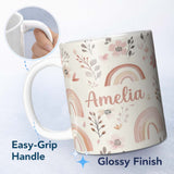 Personalized Custom Name Pastel Rainbow Floral Seamless Pattern Soft Pink Neutral Background 11oz Ceramic Coffee Tea Mug White Large Handle