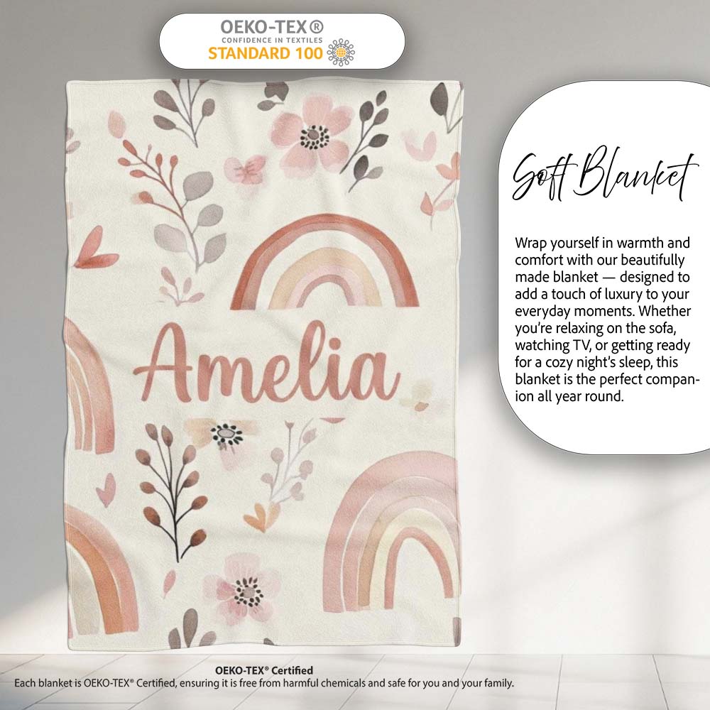 Pastel Rainbow Floral Seamless Pattern Soft Pink Neutral Background  Personalised Custom Name Super Soft Fleece Blanket Bed Sofa Throw