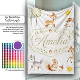 Cute Woodland Forest Animals Bear Bunny Deer Seamless on Blue Lovely  Personalised Custom Name Super Soft Fleece Blanket Bed Sofa Throw