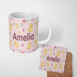 Personalized Custom Name Cute Yellow Duck Floral Seamless Pattern Soft Pink Background 11oz Ceramic Coffee Tea Mug White Large Handle