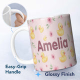 Personalized Custom Name Cute Yellow Duck Floral Seamless Pattern Soft Pink Background 11oz Ceramic Coffee Tea Mug White Large Handle
