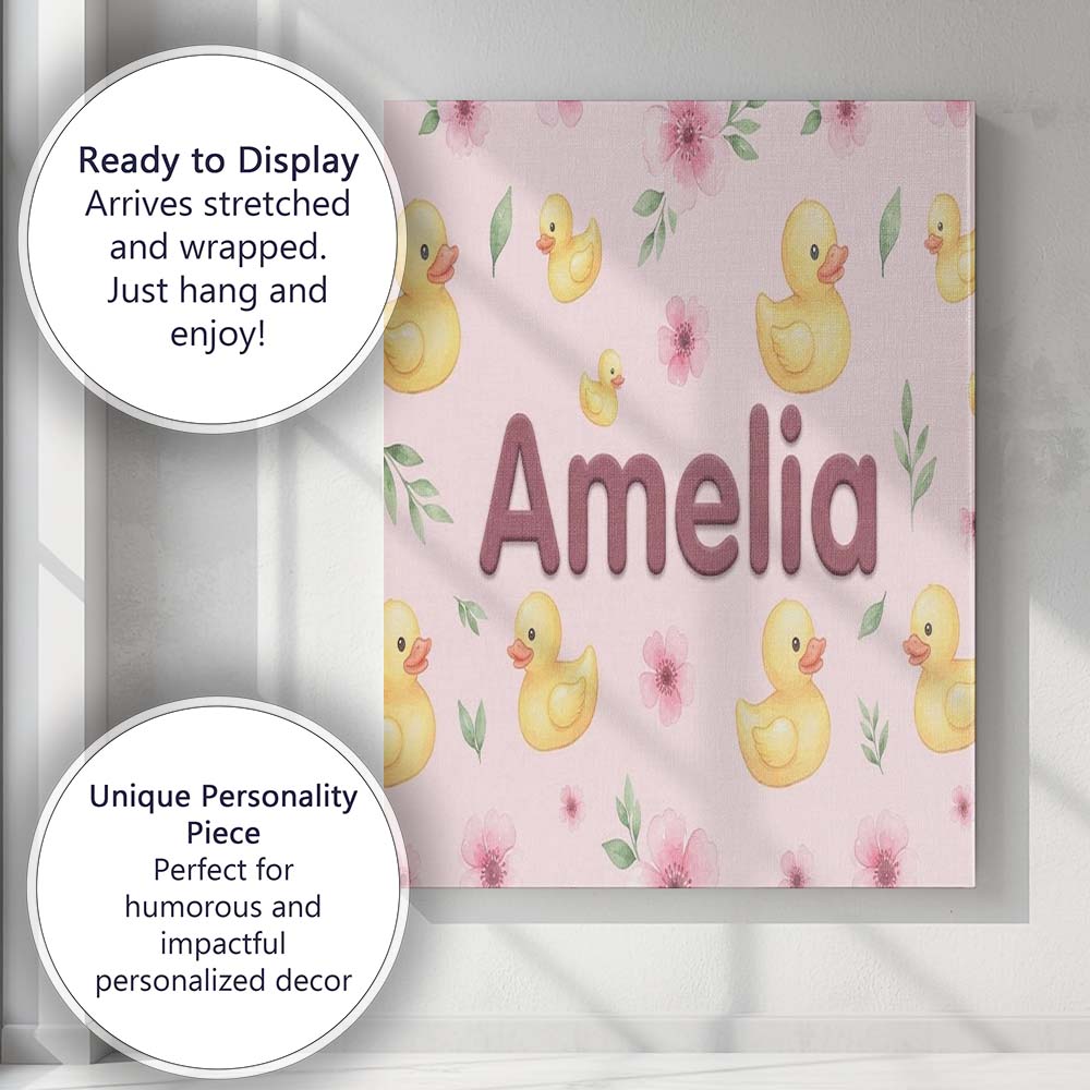 Personalised Name Cute Yellow Duck Floral Custom  Unique Gift Idea Elegant Feature Canvas Wall Art Print Decor Picture Ready to Hang