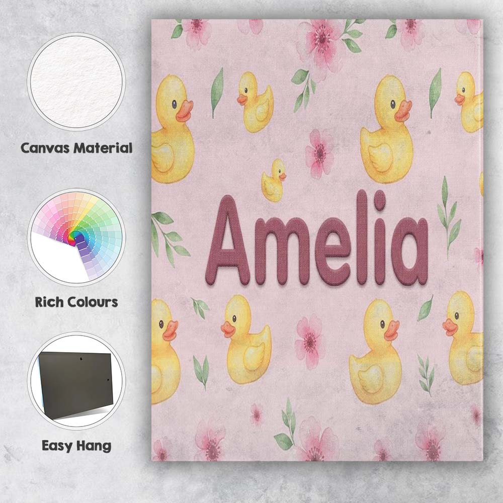 Personalised Name Cute Yellow Duck Floral Custom  Unique Gift Idea Elegant Feature Canvas Wall Art Print Decor Picture Ready to Hang