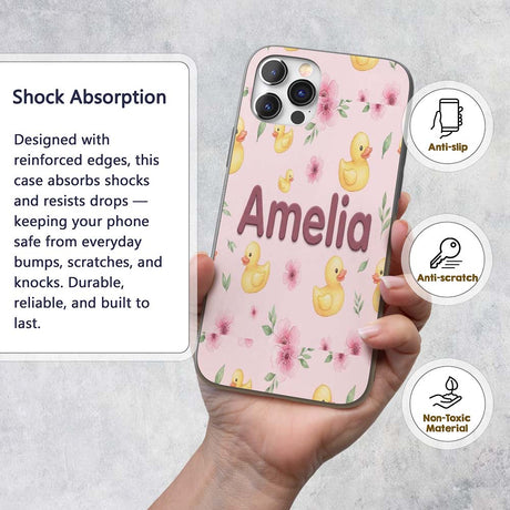 Cute Yellow Duck Floral Seamless Pattern Soft Custom Name Protective Phone Case Mobile Cover Durable Everyday Smartphone Shock Resistant
