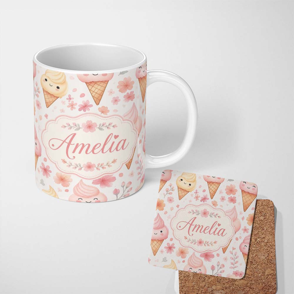 Personalized Custom Name Kawaii Ice Cream Cones Floral Seamless Pattern Soft Pink Background 11oz Ceramic Coffee Tea Mug White Large Handle