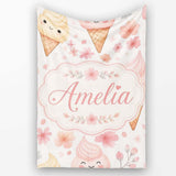 Kawaii Ice Cream Cones Floral Seamless Pattern Soft Pink Background  Personalised Custom Name Super Soft Fleece Blanket Bed Sofa Throw