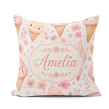 Custom Name Kawaii Cream Cones Floral Seamless Pattern Soft Pink Square Filled Cushion Throw Pillow Sofa Bed Home Decor Zip Washable UK Made