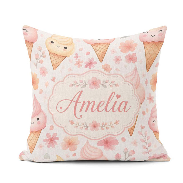Custom Name Kawaii Cream Cones Floral Seamless Pattern Soft Pink Square Filled Cushion Throw Pillow Sofa Bed Home Decor Zip Washable UK Made