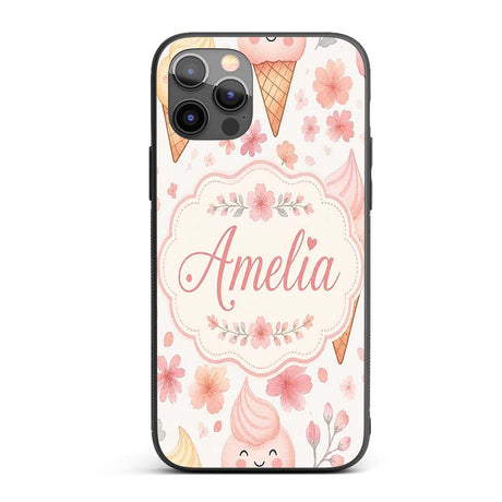 Kawaii Ice Cream Cones Floral Seamless Pattern Custom Name Protective Phone Case Mobile Cover Durable Everyday Smartphone Shock Resistant