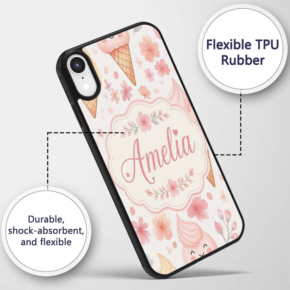 Kawaii Ice Cream Cones Floral Seamless Pattern Custom Name Protective Phone Case Mobile Cover Durable Everyday Smartphone Shock Resistant