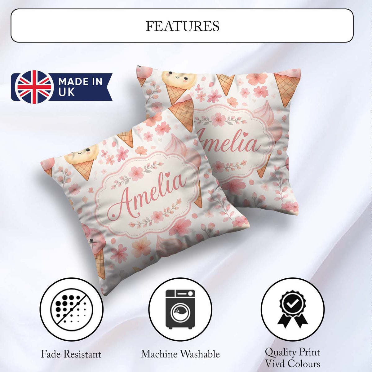 Custom Name Kawaii Cream Cones Floral Seamless Pattern Soft Pink Square Filled Cushion Throw Pillow Sofa Bed Home Decor Zip Washable UK Made