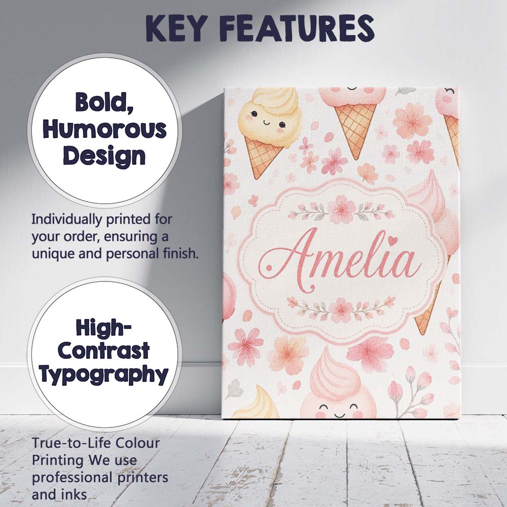 Personalised Name Kawaii Ice Cream Cones Custom  Unique Gift Idea Elegant Feature Canvas Wall Art Print Decor Picture Ready to Hang