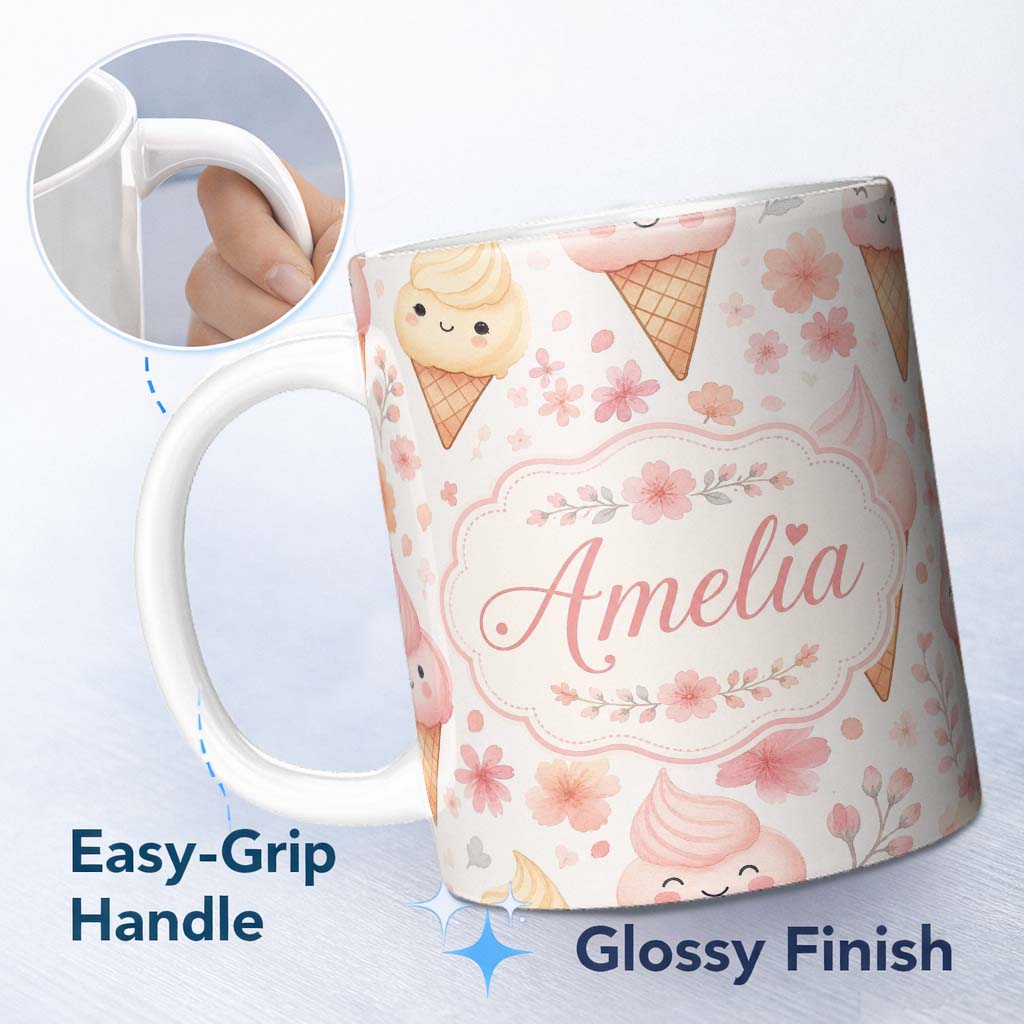 Personalized Custom Name Kawaii Ice Cream Cones Floral Seamless Pattern Soft Pink Background 11oz Ceramic Coffee Tea Mug White Large Handle