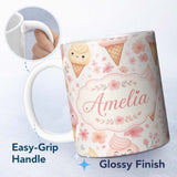 Personalized Custom Name Kawaii Ice Cream Cones Floral Seamless Pattern Soft Pink Background 11oz Ceramic Coffee Tea Mug White Large Handle