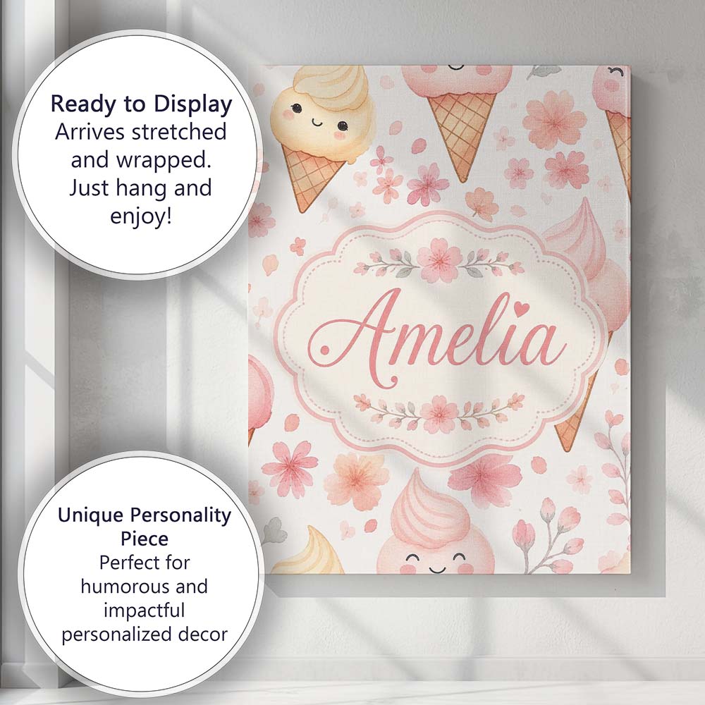 Personalised Name Kawaii Ice Cream Cones Custom  Unique Gift Idea Elegant Feature Canvas Wall Art Print Decor Picture Ready to Hang