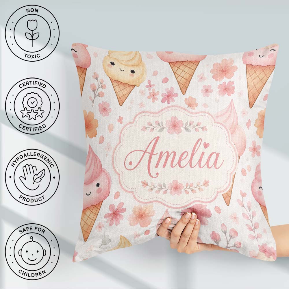 Custom Name Kawaii Cream Cones Floral Seamless Pattern Soft Pink Square Filled Cushion Throw Pillow Sofa Bed Home Decor Zip Washable UK Made