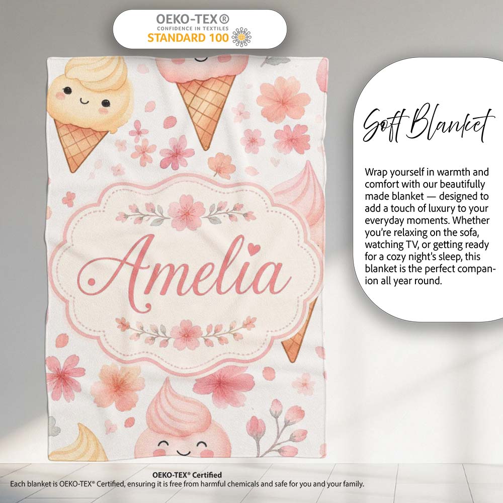 Kawaii Ice Cream Cones Floral Seamless Pattern Soft Pink Background  Personalised Custom Name Super Soft Fleece Blanket Bed Sofa Throw