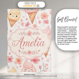 Kawaii Ice Cream Cones Floral Seamless Pattern Soft Pink Background  Personalised Custom Name Super Soft Fleece Blanket Bed Sofa Throw