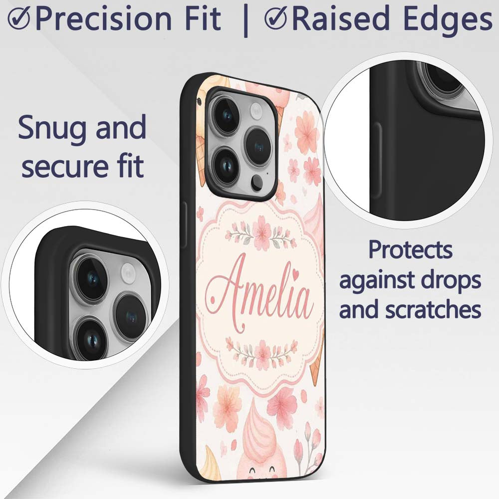 Kawaii Ice Cream Cones Floral Seamless Pattern Custom Name Protective Phone Case Mobile Cover Durable Everyday Smartphone Shock Resistant