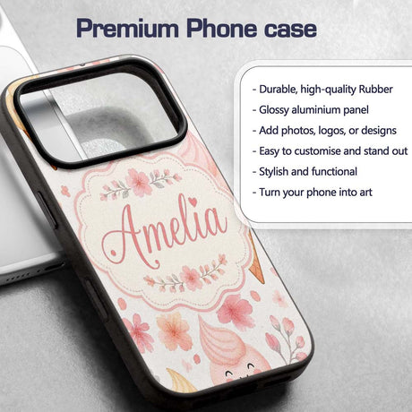 Kawaii Ice Cream Cones Floral Seamless Pattern Custom Name Protective Phone Case Mobile Cover Durable Everyday Smartphone Shock Resistant