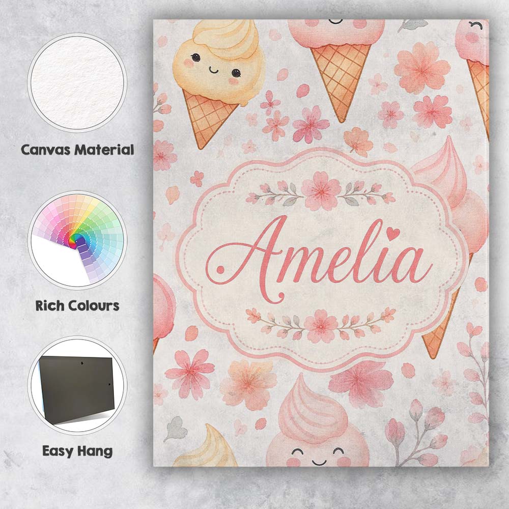 Personalised Name Kawaii Ice Cream Cones Custom  Unique Gift Idea Elegant Feature Canvas Wall Art Print Decor Picture Ready to Hang