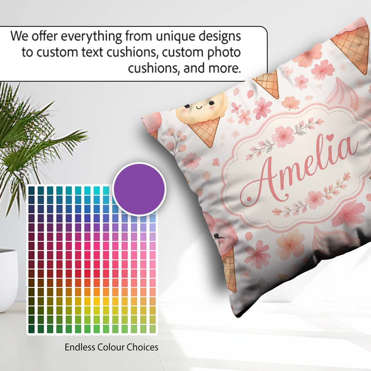 Custom Name Kawaii Cream Cones Floral Seamless Pattern Soft Pink Square Filled Cushion Throw Pillow Sofa Bed Home Decor Zip Washable UK Made
