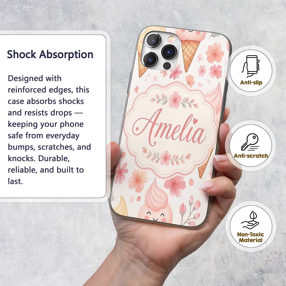 Kawaii Ice Cream Cones Floral Seamless Pattern Custom Name Protective Phone Case Mobile Cover Durable Everyday Smartphone Shock Resistant