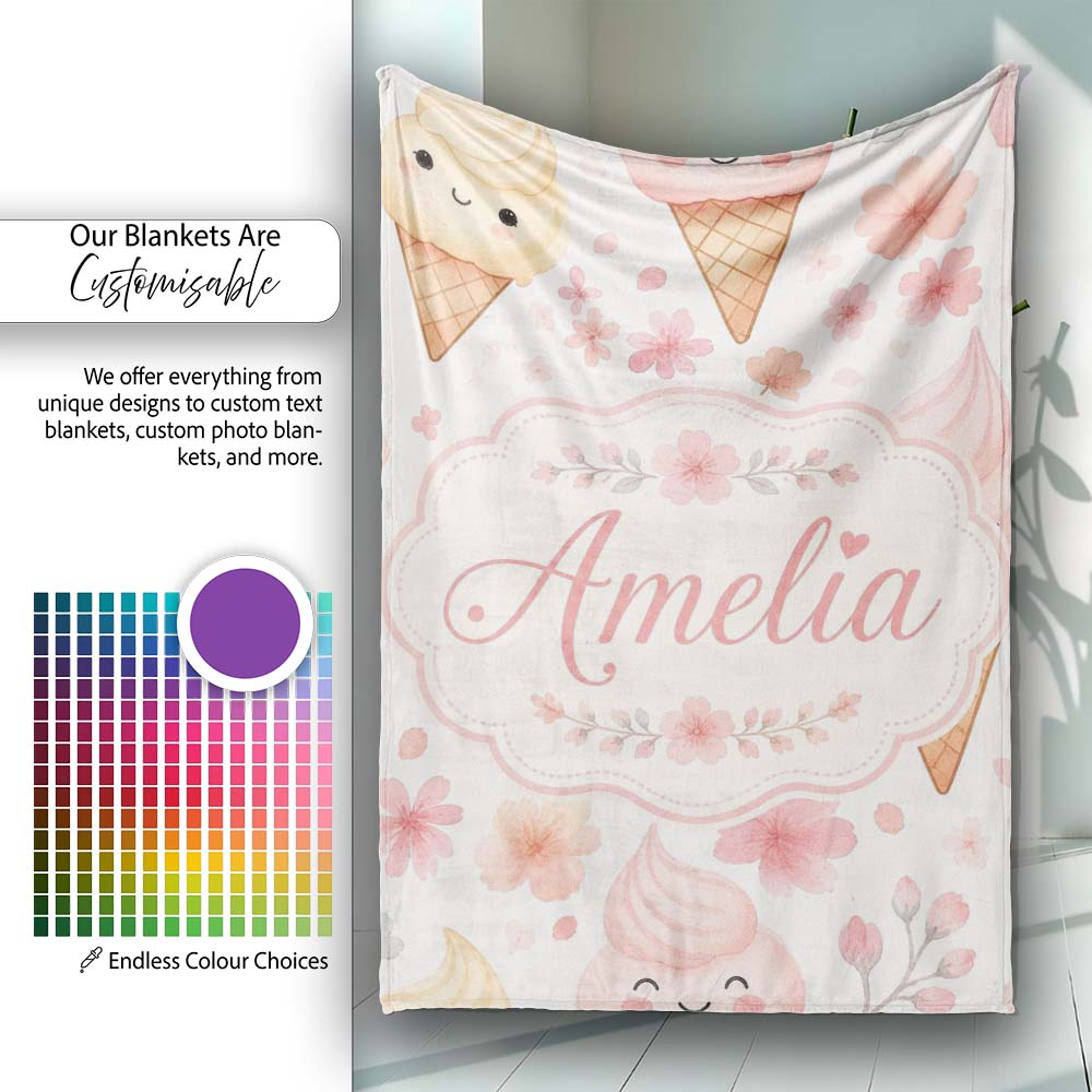 Kawaii Ice Cream Cones Floral Seamless Pattern Soft Pink Background  Personalised Custom Name Super Soft Fleece Blanket Bed Sofa Throw
