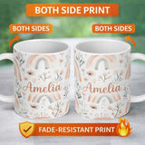 Personalized Custom Name Boho Rainbow Flowers Seamless Pattern Soft Neutral Pastel 11oz Ceramic Coffee Tea Mug White Large Handle