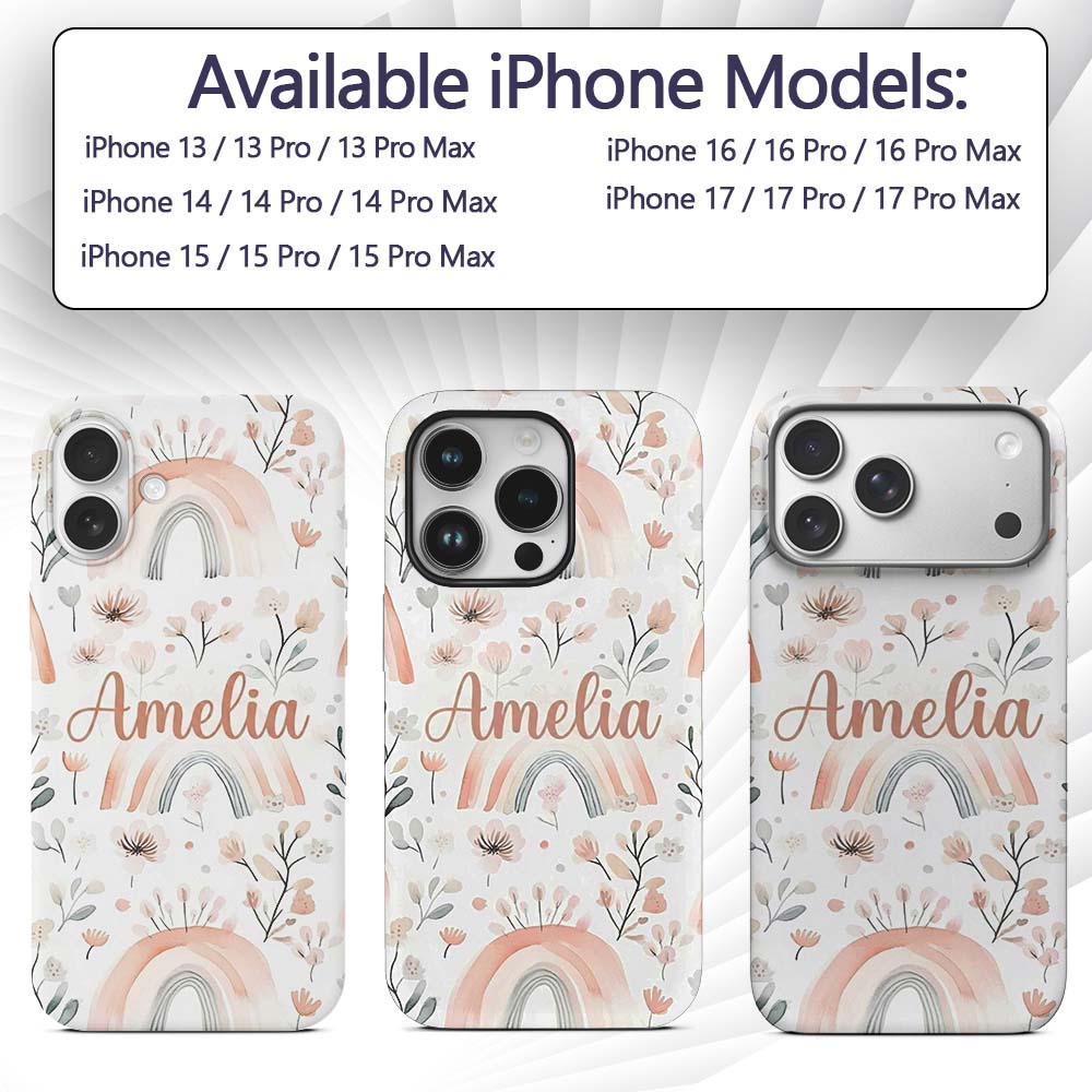 Boho Rainbow Flowers Seamless Printed Design Custom Name Protective Phone Case Mobile Cover Durable Everyday Smartphone Shock Resistant