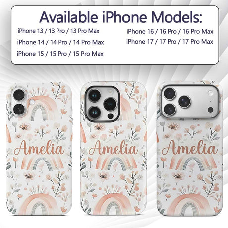 Boho Rainbow Flowers Seamless Printed Design Custom Name Protective Phone Case Mobile Cover Durable Everyday Smartphone Shock Resistant
